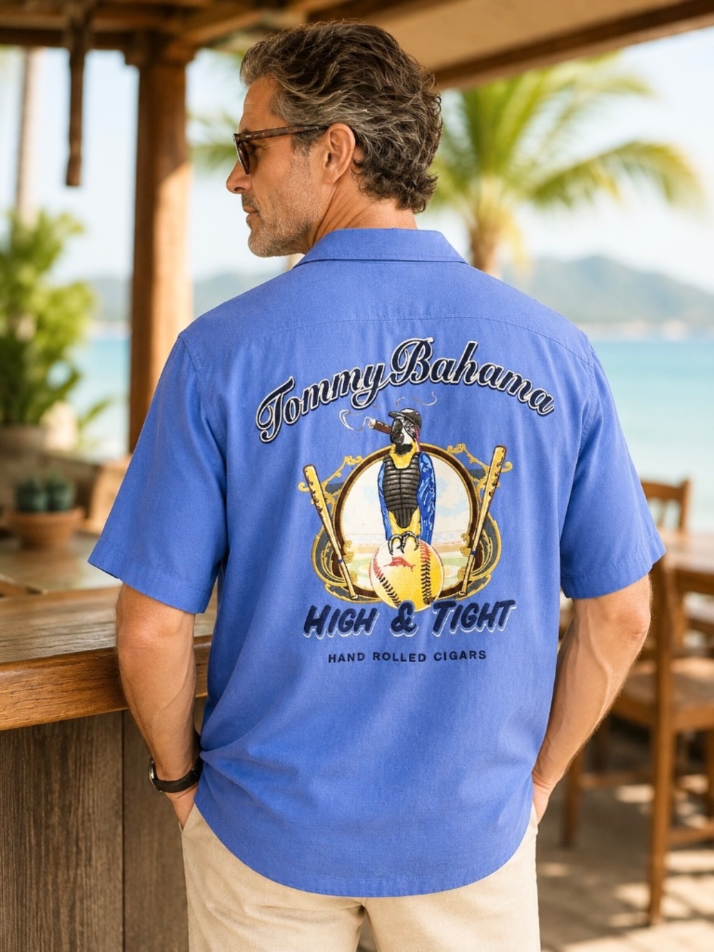 EUC Men's Tommy Bahama Parrot Cigar Baseball Embroidered Silk Camp Shirt Blue XL